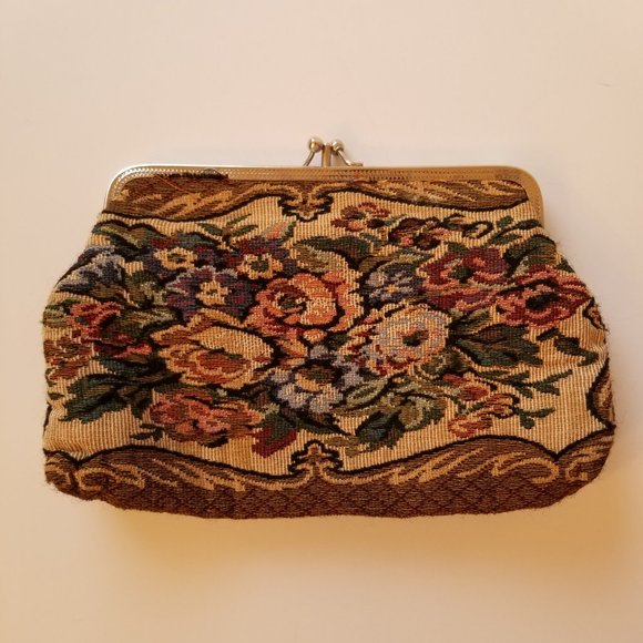 #893 Vintage Rose Tapestry Bag with Metal Frame Closure 2 compartments inside - Picture 3 of 9